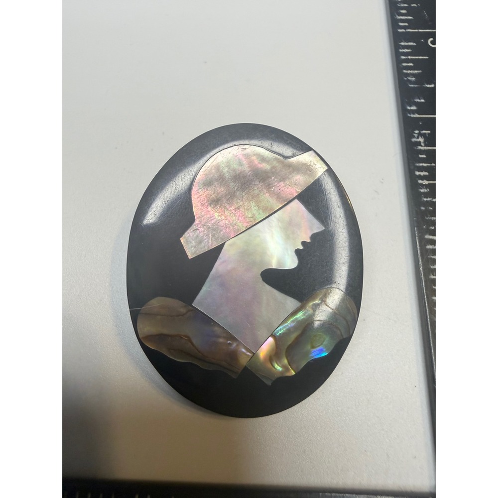 Art Deco Mother of Pearl Abalone Shell Inlay Silhouette Brooch Pin Black Oval